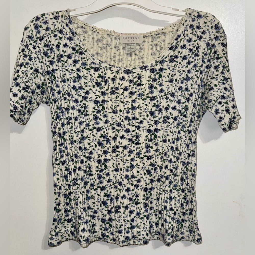Vintage Express Ticot ribbed blue floral shirt large y2k